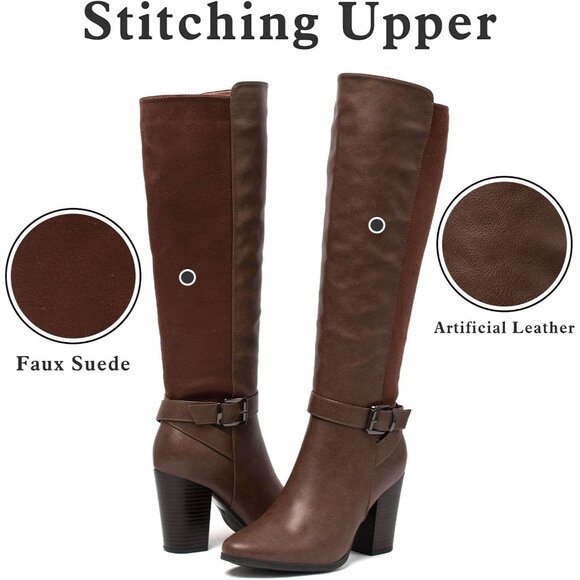 Women's Heel Knee High Coffee Brown Boot Zip Up Chunky Heel Tall Fashions Boots - Picture 8 of 8